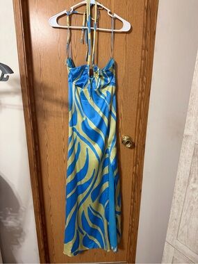 Dress Forum Los Angeles Blue Green Tropical Halter Maxi Dress Size Small